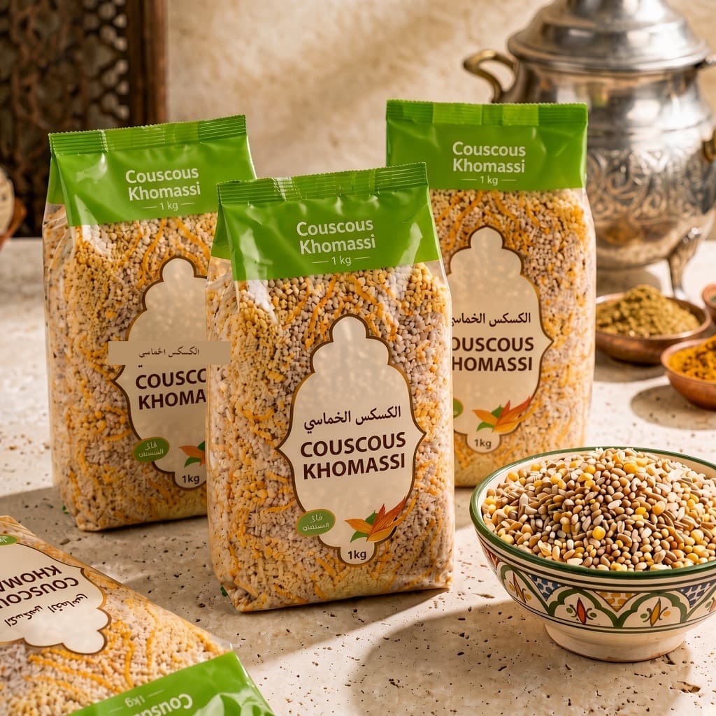 Sachets de Couscous Khomasi avec bol de grains et théière marocaine
