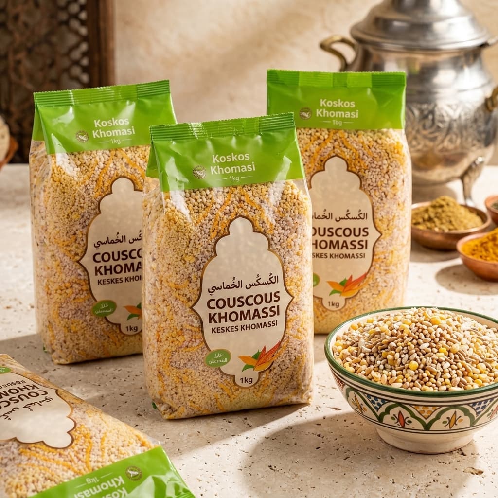Sachets de Koskos Khomasi avec bol de grains et théière marocaine