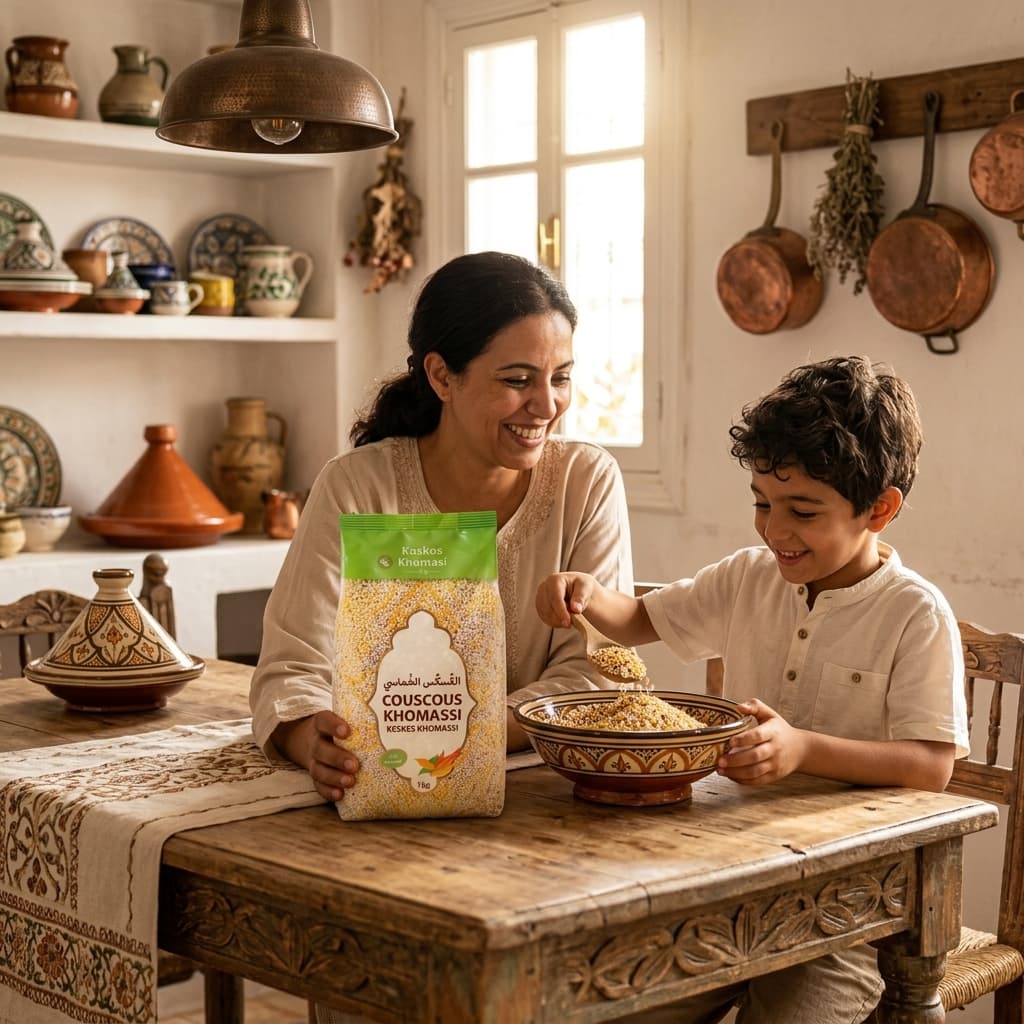 Préparation du Koskos Khomasi en cuisine familiale marocaine