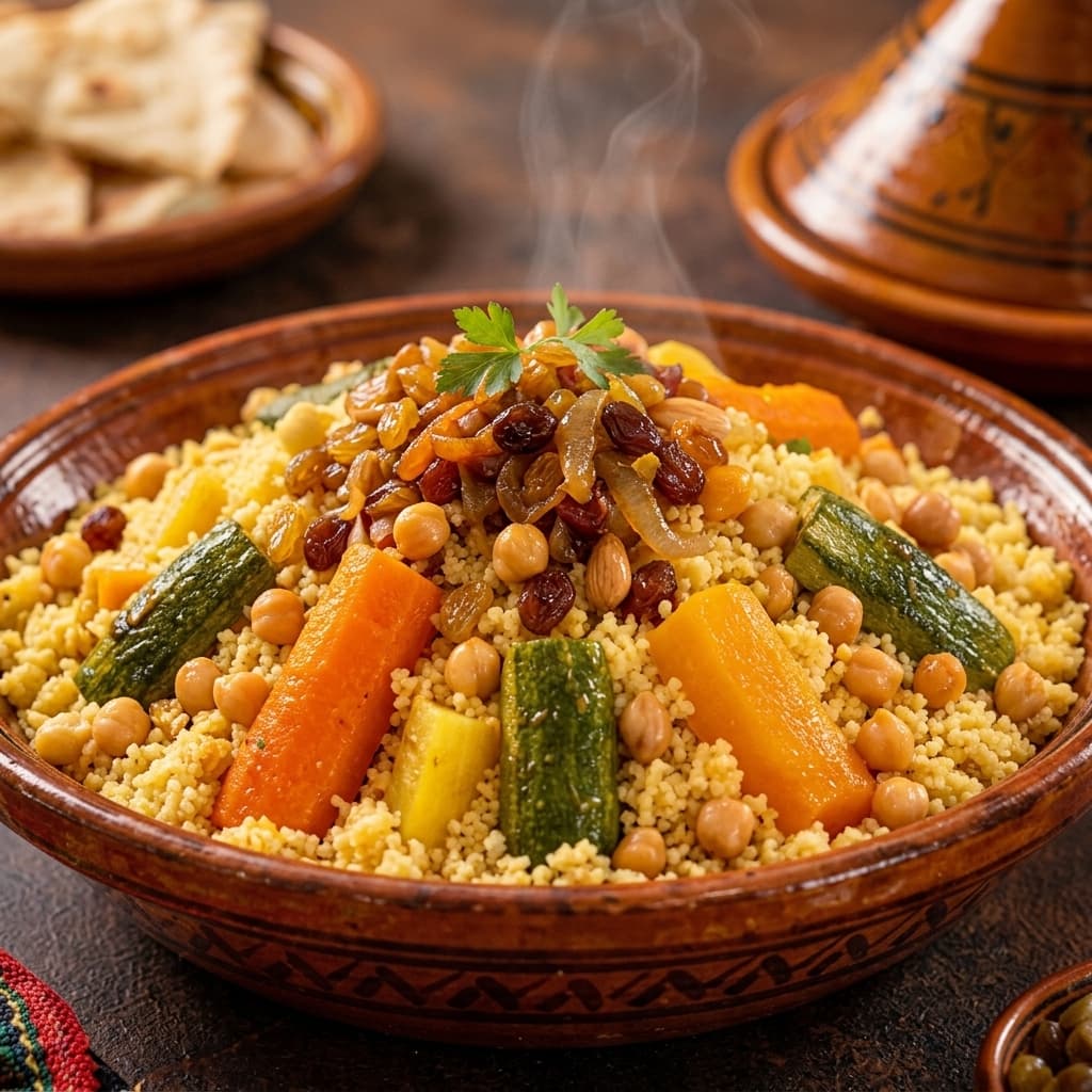 Couscous servi dans un plat en terre cuite, une façon de présenter le Couscous Khomasi